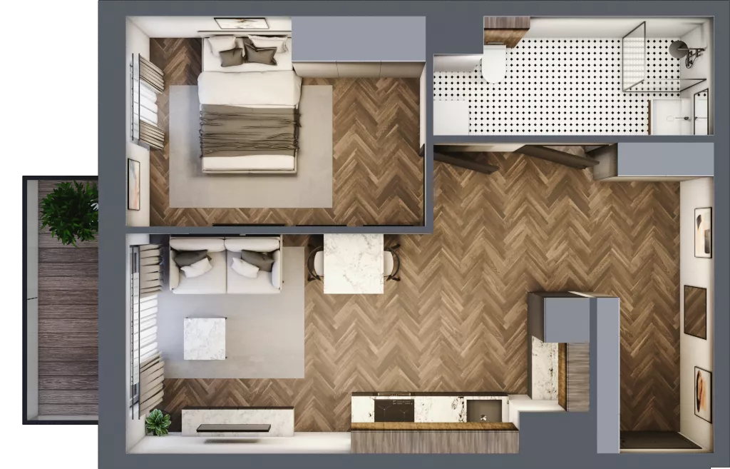 2 pokoje, mieszkanie 43,14 m², piętro 1, oferta nr C2.1.33.2a, Junique I.II, Poznań, Grunwald, Junikowo, ul. Miśnieńska 38, 39, 43