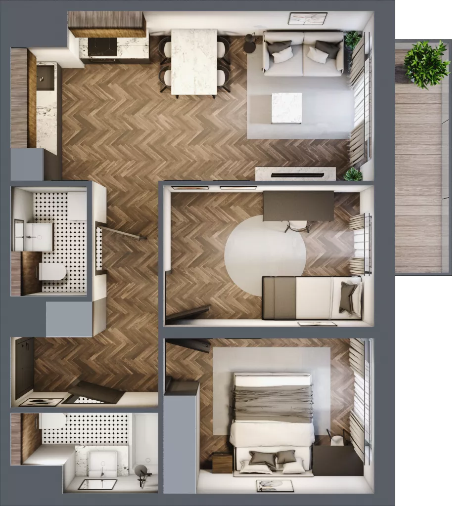 3 pokoje, mieszkanie 54,92 m², piętro 3, oferta nr C2.3.44.3a, Junique I.II, Poznań, Grunwald, Junikowo, ul. Miśnieńska 38, 39, 43