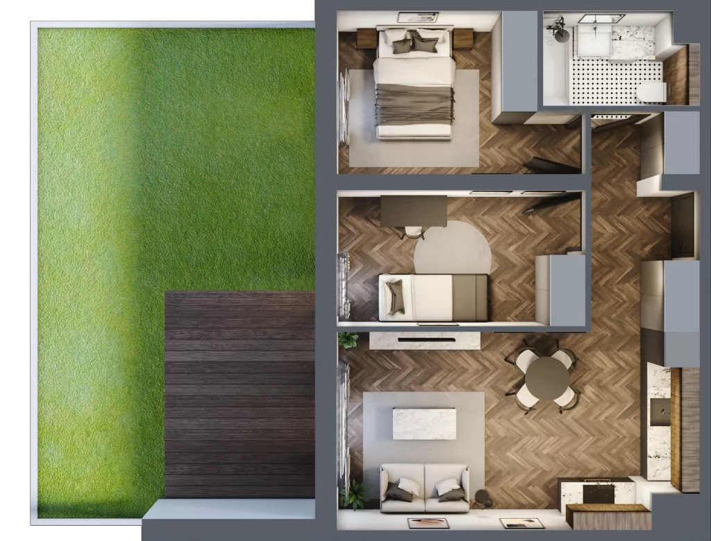 3 pokoje, mieszkanie 50,67 m², parter, oferta nr D1.0.01.3a, Junique I.II, Poznań, Grunwald, Junikowo, ul. Miśnieńska 38, 39, 43