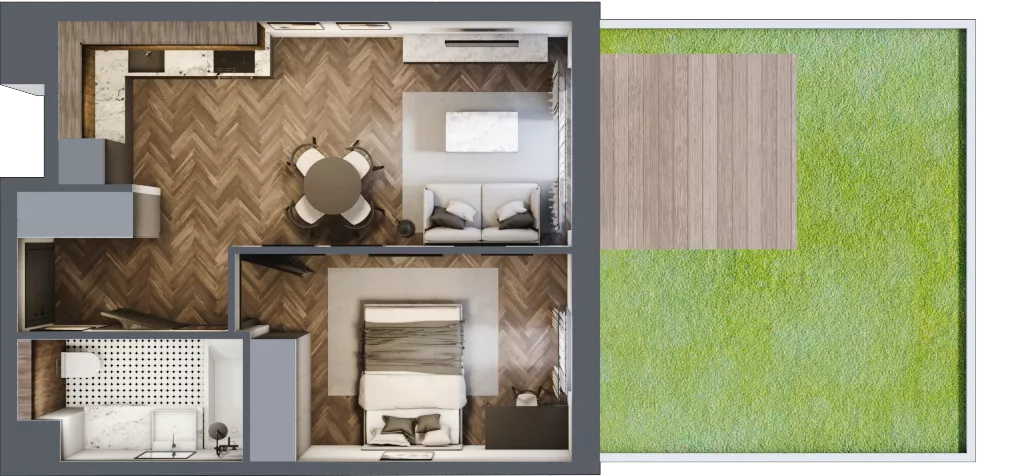 2 pokoje, mieszkanie 38,86 m², parter, oferta nr D1.0.04.2a, Junique I.II, Poznań, Grunwald, Junikowo, ul. Miśnieńska 38, 39, 43