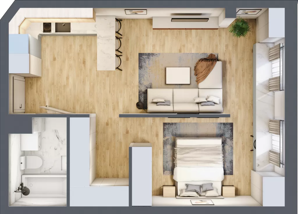 2 pokoje, mieszkanie 48,92 m², piętro 1, oferta nr U-B-01-08, Kolejova 1, Poznań, Grunwald, Łazarz, ul. Kolejowa 1/3