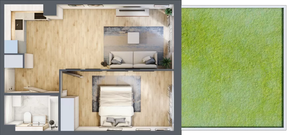 2 pokoje, mieszkanie 41,68 m², parter, oferta nr 1.E.0.2, 2M Apartments Dobry Deweloper Milo Wrocław Maślice , Wrocław, Maślice, Fabryczna, ul. Zawidowska