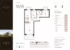 4 pokoje, mieszkanie 70,38 m², piętro 4, oferta nr M55, ZENIT Głowackiego, Kraków, Bronowice, ul. Głowackiego 22