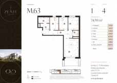 4 pokoje, mieszkanie 74,59 m², piętro 1, oferta nr M63, ZENIT Głowackiego, Kraków, Bronowice, ul. Głowackiego 22