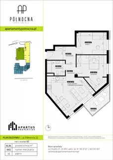 3 pokoje, mieszkanie 66,86 m², piętro 1, oferta nr B3/5, Apartamenty Północna, Lublin, Śródmieście, Śródmieście, ul. Północna 22/24
