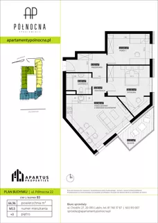 3 pokoje, mieszkanie 66,96 m², piętro 3, oferta nr B3/13, Apartamenty Północna, Lublin, Śródmieście, Śródmieście, ul. Północna 22/24