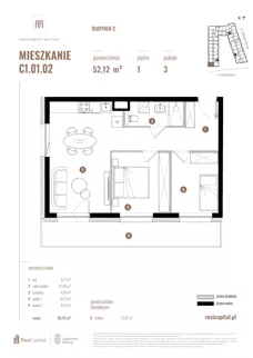 3 pokoje, mieszkanie 52,12 m², piętro 1, oferta nr C1.01.02, Apartamenty Reytana, Bielsko-Biała, ul. Rejtana 3