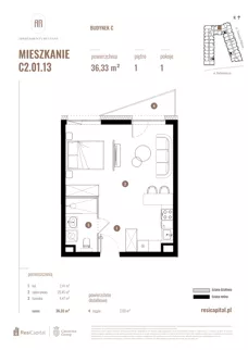 1 pokój, mieszkanie 36,33 m², piętro 1, oferta nr C2.01.13, Apartamenty Reytana, Bielsko-Biała, ul. Rejtana 3