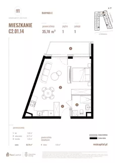 1 pokój, mieszkanie 35,78 m², piętro 1, oferta nr C2.01.14, Apartamenty Reytana, Bielsko-Biała, ul. Rejtana 3