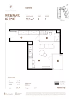 1 pokój, mieszkanie 26,75 m², piętro 2, oferta nr C2.02.03, Apartamenty Reytana, Bielsko-Biała, ul. Rejtana 3