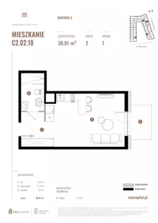 1 pokój, mieszkanie 30,91 m², piętro 2, oferta nr C2.02.18, Apartamenty Reytana, Bielsko-Biała, ul. Rejtana 3
