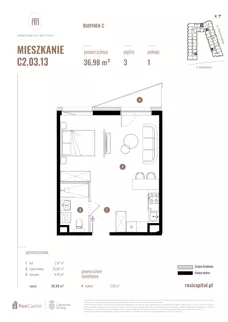 1 pokój, mieszkanie 36,98 m², piętro 3, oferta nr C2.03.13, Apartamenty Reytana, Bielsko-Biała, ul. Rejtana 3