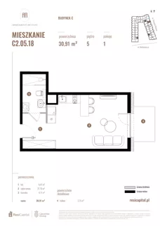 1 pokój, mieszkanie 30,91 m², piętro 5, oferta nr C2.05.18, Apartamenty Reytana, Bielsko-Biała, ul. Rejtana 3
