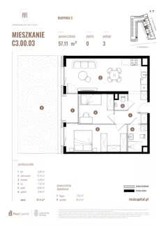 3 pokoje, mieszkanie 57,11 m², parter, oferta nr C3.00.03, Apartamenty Reytana, Bielsko-Biała, ul. Rejtana 3