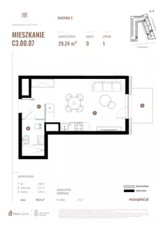 1 pokój, mieszkanie 29,24 m², parter, oferta nr C3.00.07, Apartamenty Reytana, Bielsko-Biała, ul. Rejtana 3
