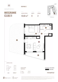 2 pokoje, mieszkanie 43,68 m², parter, oferta nr C3.00.11, Apartamenty Reytana, Bielsko-Biała, ul. Rejtana 3