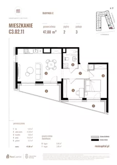 3 pokoje, mieszkanie 47,88 m², piętro 2, oferta nr C3.02.11, Apartamenty Reytana, Bielsko-Biała, ul. Rejtana 3