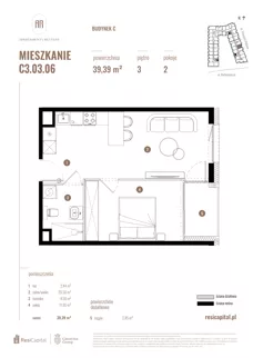 2 pokoje, mieszkanie 39,39 m², piętro 3, oferta nr C3.03.06, Apartamenty Reytana, Bielsko-Biała, ul. Rejtana 3