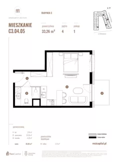 1 pokój, mieszkanie 33,26 m², piętro 4, oferta nr C3.04.05, Apartamenty Reytana, Bielsko-Biała, ul. Rejtana 3