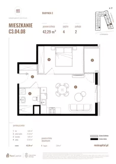 2 pokoje, mieszkanie 42,29 m², piętro 4, oferta nr C3.04.08, Apartamenty Reytana, Bielsko-Biała, ul. Rejtana 3