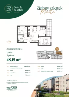 2 pokoje, mieszkanie 48,15 m², piętro 1, oferta nr 13, Osiedle Zakątek, Rypin, ul. 3 Maja 1A