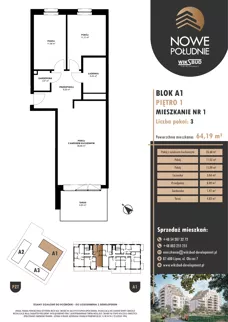 3 pokoje, mieszkanie 62,65 m², piętro 1, oferta nr M.A1.01.01, Nowe Południe, Włocławek, Południe, ul. Kazimierza Łady 10