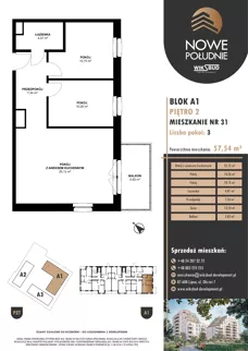 3 pokoje, mieszkanie 57,54 m², piętro 2, oferta nr M.A1.02.31, Nowe Południe, Włocławek, Południe, ul. Kazimierza Łady 10