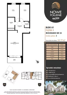 3 pokoje, mieszkanie 62,28 m², piętro 2, oferta nr M.A1.02.34, Nowe Południe, Włocławek, Południe, ul. Kazimierza Łady 10