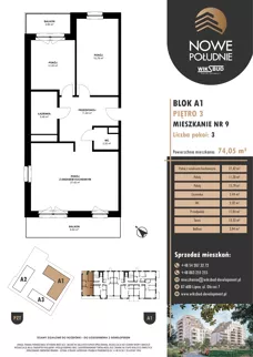 3 pokoje, mieszkanie 74,05 m², piętro 3, oferta nr M.A1.03.09, Nowe Południe, Włocławek, Południe, ul. Kazimierza Łady 10