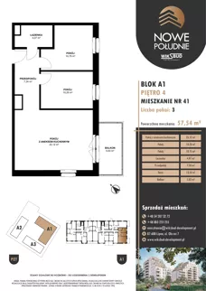 3 pokoje, mieszkanie 57,54 m², piętro 4, oferta nr M.A1.04.41, Nowe Południe, Włocławek, Południe, ul. Kazimierza Łady 10