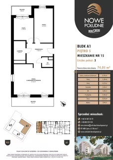 3 pokoje, mieszkanie 74,05 m², piętro 5, oferta nr M.A1.05.15, Nowe Południe, Włocławek, Południe, ul. Kazimierza Łady 10