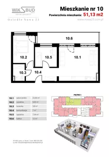 2 pokoje, mieszkanie 51,13 m², piętro 1, oferta nr L10, Osiedle Nowa 23, Brześć Kujawski, ul. Nowa 23