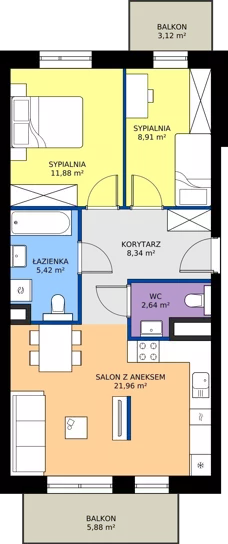 3 pokoje, mieszkanie 59,15 m², piętro 2, oferta nr 16, Strażacka 54G, Rzeszów, Drabinianka, ul. Strażacka 54