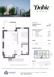 2 pokoje, mieszkanie 49,30 m², piętro 1, oferta nr 1.03, Dąbie Park etap II, Szczecin, Prawobrzeże, Dąbie, ul. Komfortowa 10