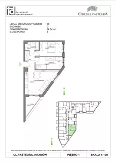 3 pokoje, mieszkanie 54,04 m², piętro 1, oferta nr M8, Osiedle Pasteura, Kraków, Prądnik Biały, ul. Ludwika Pasteura