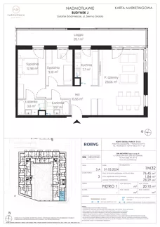 3 pokoje, mieszkanie 76,45 m², piętro 1, oferta nr J.1M32, Nadmotławie Apartments Budynek J, Gdańsk, Śródmieście, ul. Sienna Grobla