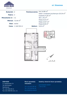4 pokoje, mieszkanie 72,44 m², piętro 2, oferta nr 1/2-11, ul. Stawowa, Kraków, Prądnik Biały, Bronowice Wielkie, ul. Stawowa 242