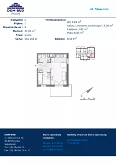 2 pokoje, mieszkanie 32,69 m², piętro 1, oferta nr 1/2-9, ul. Stawowa, Kraków, Prądnik Biały, Bronowice Wielkie, ul. Stawowa 242