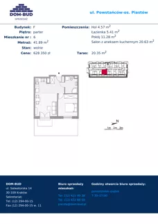 2 pokoje, mieszkanie 41,89 m², parter, oferta nr 6, ul. Powstańców / os. Piastów - Budynek F, Kraków, Mistrzejowice, Osiedle Piastów, ul. Powstańców / os. Piastów