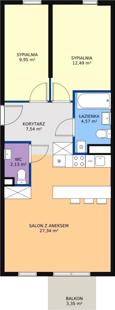 3 pokoje, mieszkanie 64,02 m², piętro 2, oferta nr B2.12, Enklawa Bukowa II, Kraków, Podgórze, Rybitwy, ul. Bukowa 65 i 69