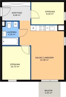 3 pokoje, mieszkanie 52,23 m², piętro 1, oferta nr B1.17, Enklawa Bukowa II, Kraków, Podgórze, Rybitwy, ul. Bukowa 65 i 69