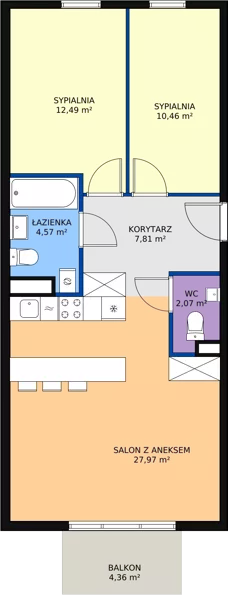 3 pokoje, mieszkanie 65,37 m², piętro 1, oferta nr B1.14, Enklawa Bukowa II, Kraków, Podgórze, Rybitwy, ul. Bukowa 65 i 69