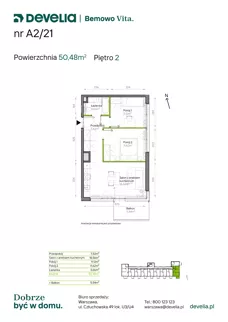3 pokoje, mieszkanie 50,48 m², piętro 2, oferta nr A2/21, Bemowo Vita etap IV, Warszawa, Bemowo, Chrzanów, ul. Szeligowska 57	