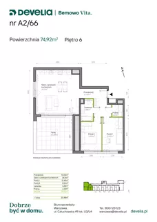 3 pokoje, mieszkanie 74,92 m², piętro 6, oferta nr A2/66, Bemowo Vita etap IV, Warszawa, Bemowo, Chrzanów, ul. Szeligowska 57	
