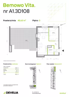 2 pokoje, mieszkanie 45,63 m², piętro 3, oferta nr A1.3D108, Bemowo Vita etap III, Warszawa, Bemowo, Chrzanów, Szeligowska 57	