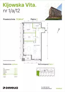 3 pokoje, mieszkanie 71,34 m², piętro 1, oferta nr 1/A/12, Kijowska Vita, Warszawa, Praga Północ, Kamionek, ul. Kijowska 27