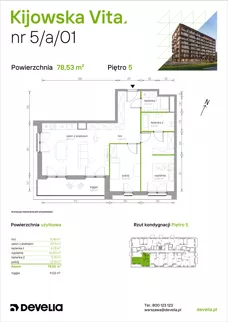 3 pokoje, mieszkanie 78,53 m², piętro 5, oferta nr 5/A/01, Kijowska Vita, Warszawa, Praga Północ, Kamionek, ul. Kijowska 27