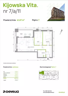 3 pokoje, mieszkanie 61,47 m², piętro 7, oferta nr 7/A/11, Kijowska Vita, Warszawa, Praga Północ, Kamionek, ul. Kijowska 27