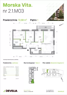 4 pokoje, mieszkanie 72,88 m², piętro 1, oferta nr 2.1.M03, Morska Vita II, Gdynia, Leszczynki, Leszczynki, ul. Działdowska 3A