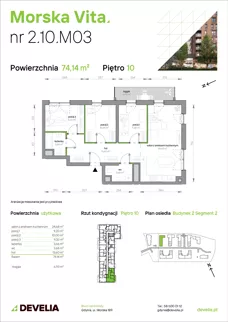 4 pokoje, mieszkanie 74,14 m², piętro 10, oferta nr 2.10.M03, Morska Vita II, Gdynia, Leszczynki, Leszczynki, ul. Działdowska 3A